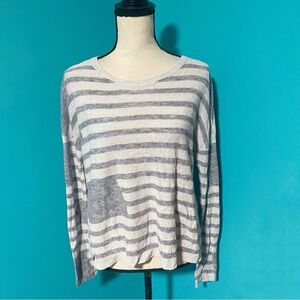 LINE The Label M Striped Grey Side Slit Crewneck 100% Linen Sweater